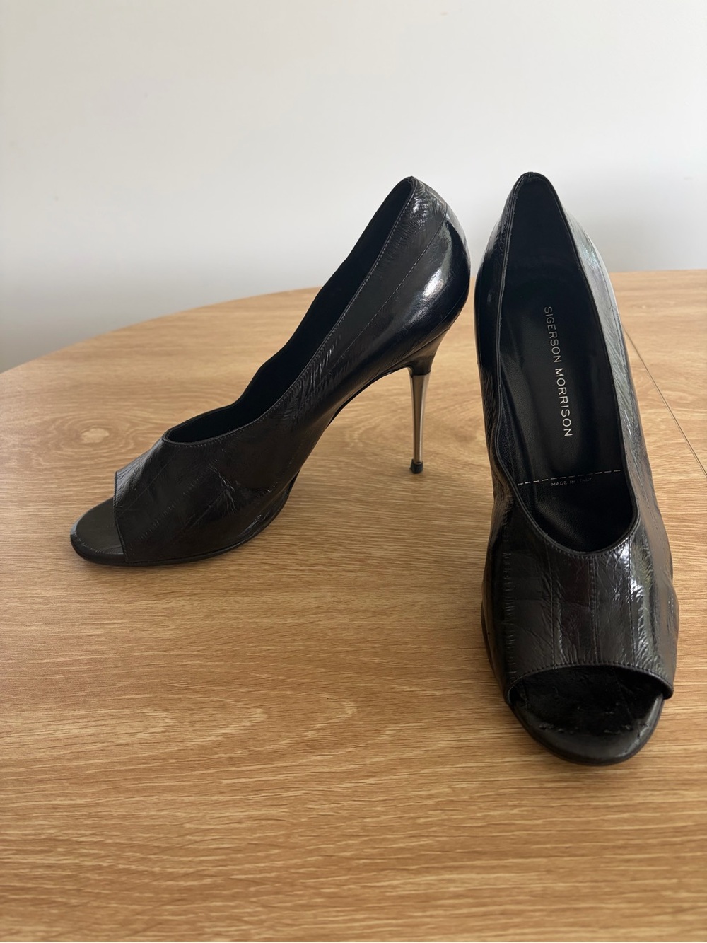 Sigerson Morrison Black Patent Peep-Toe Stiletto Pumps
